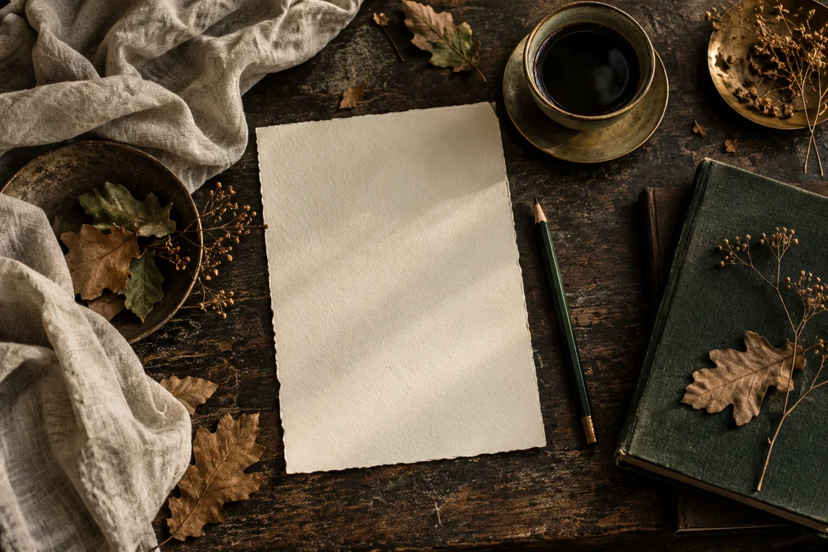 Blank paper, a pencil and natural objects arranged on a literary worktable