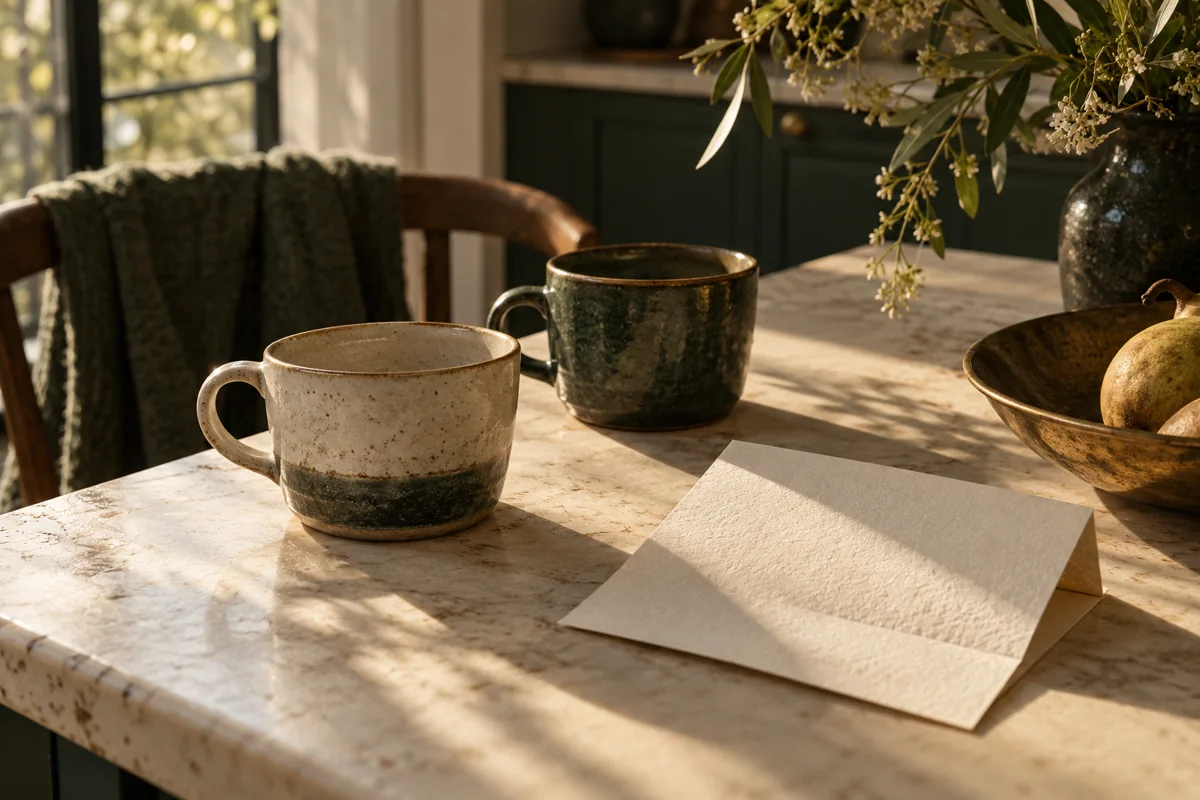 Two ceramic cups and blank stationery on a sunlit table
