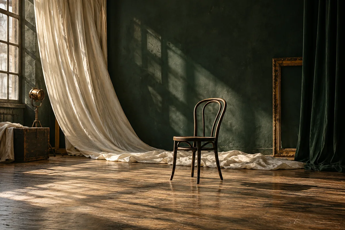 An empty rehearsal room with a bentwood chair and draped ivory fabric