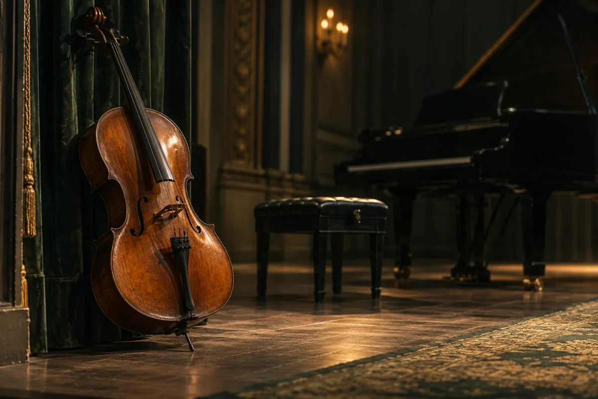 A cello in the foreground of a dim stage with a piano behind it