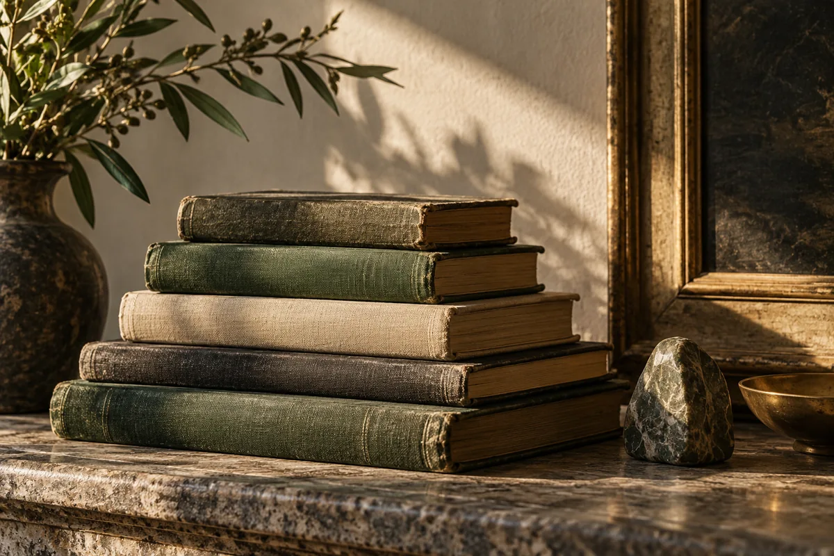 Worn clothbound books stacked beside a stone in slanting light